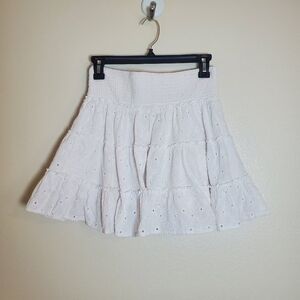 American Eagle Women Stretch Waist Tiered Mini Skirt Eyelet Cotton Linen White